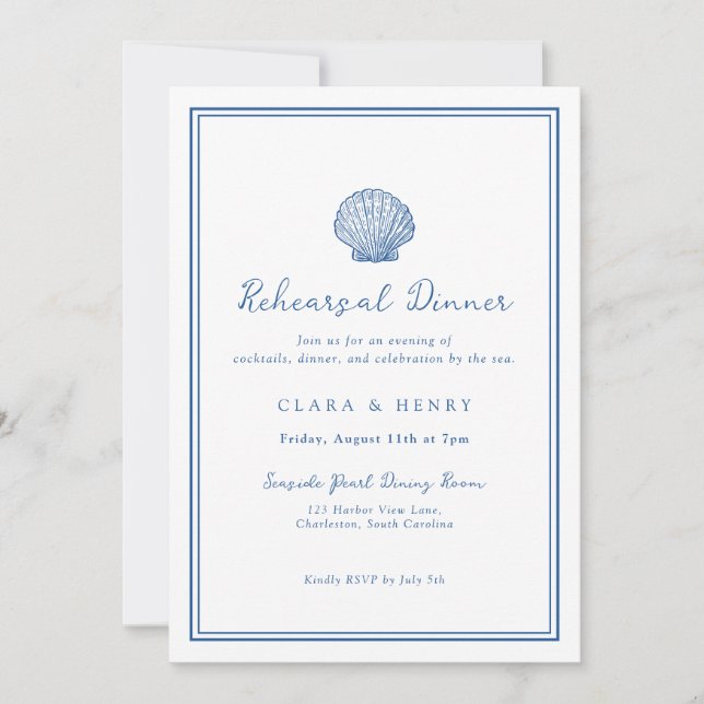 French Blue Seashell Rehearsal Dinner Invitation (Front)