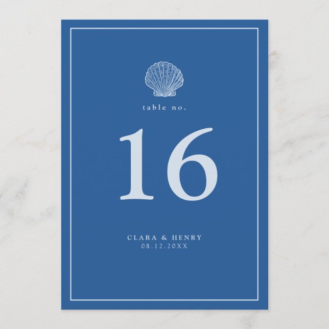 French Blue Seashell Wedding Table Number (Front)