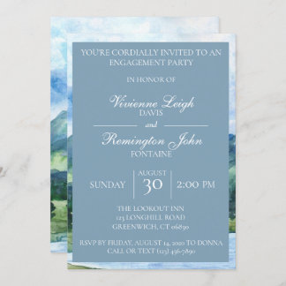 French Blue Serene Watercolor Lake Engagement Invitation