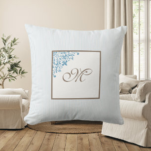 French Blue Stripe Fleur de Lis Script Monogram Cushion