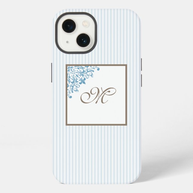 French Blue Stripe Fleur de Lis Script Monogram  iPhone Case (Back)