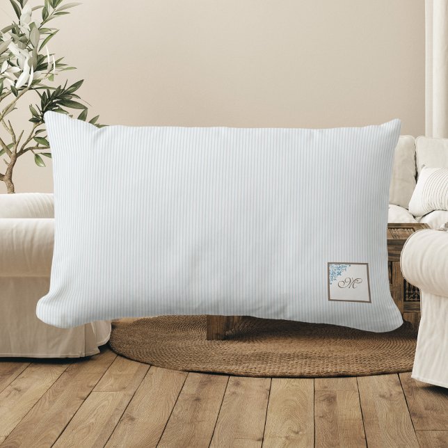 French Blue Stripe Fleur de Lis Script Monogram Lumbar Cushion (Creator Uploaded)