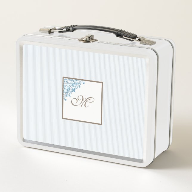 French Blue Stripe Fleur de Lis Script Monogram Metal Lunch Box (Front)