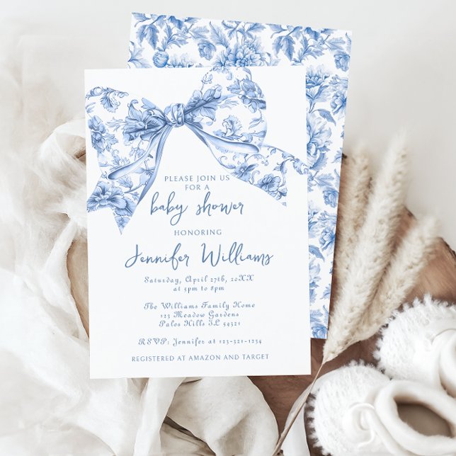 French Blue Toile Bow Sweet Baby Boy Shower Invitation (Creator Uploaded)