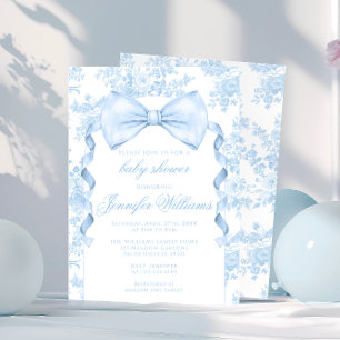 French Blue Toile Bow Tie Ribbon Baby Boy Shower Invitation