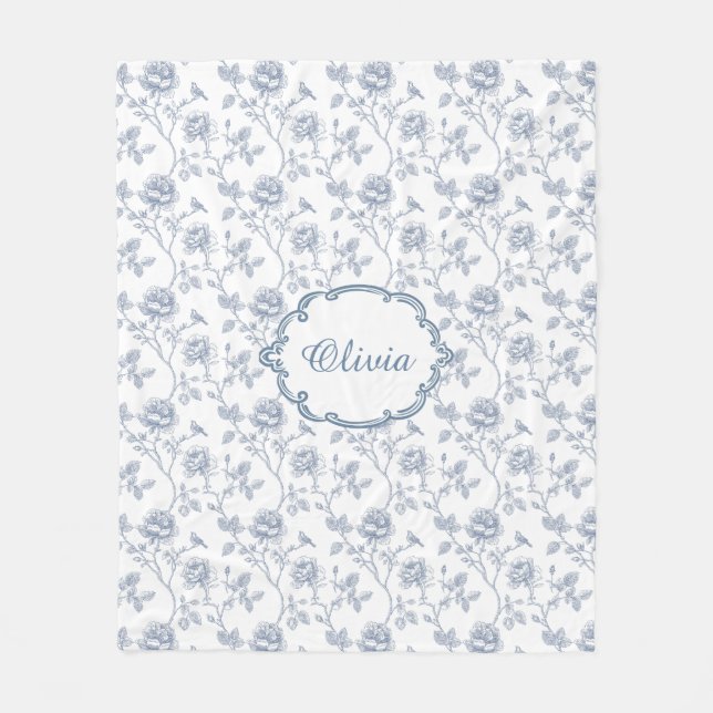 French Blue Toile Chinoiserie Floral Custom Name Fleece Blanket (Front)
