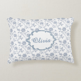 French Blue Toile Chinoiserie Floral Girls Name Decorative Cushion