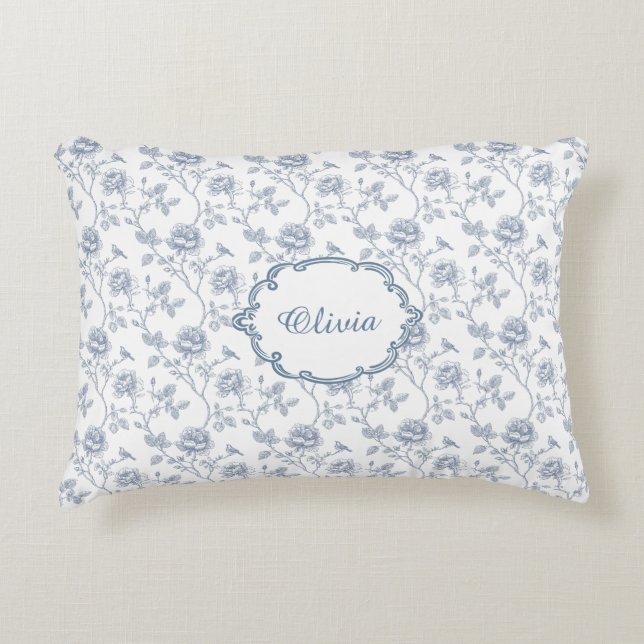 French Blue Toile Chinoiserie Floral Girls Name Decorative Cushion (Front)