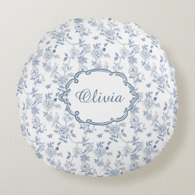 French Blue Toile Chinoiserie Floral Girls Name Round Cushion (Front)