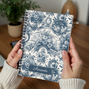 French Blue Toile de Jouy Floral Monogram Notebook
