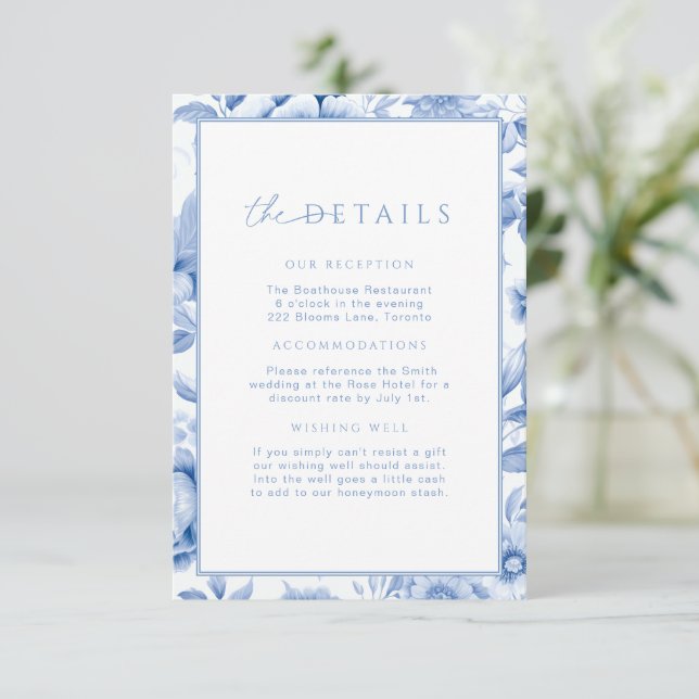 French Blue Toile Floral Wedding Details Insert (Standing Front)