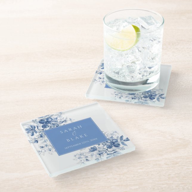 French Blue Toile Floral Wedding Glass Coaster (Angled)