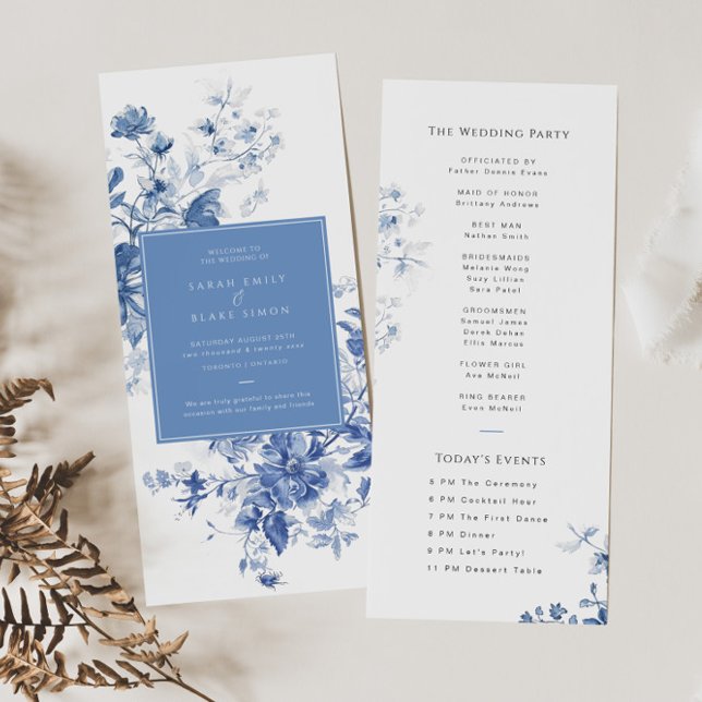 French Blue Toile Floral Wedding Program Card (Creator Uploaded)