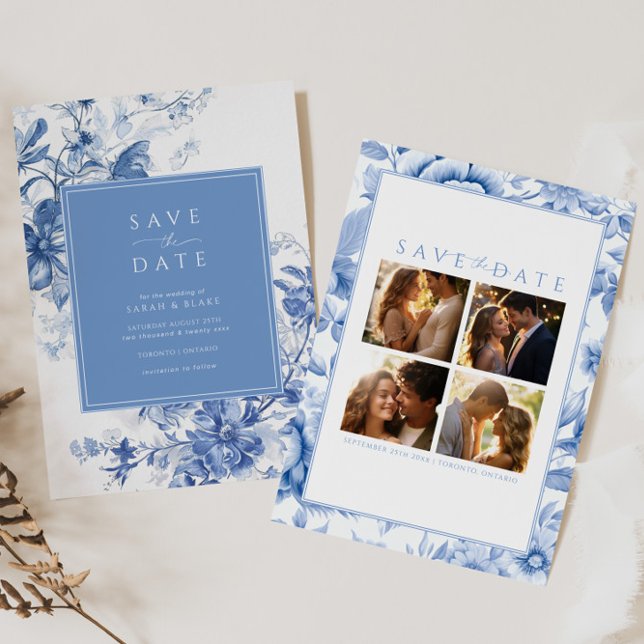 French Blue Toile Floral Wedding Save the Date Invitation (Creator Uploaded)
