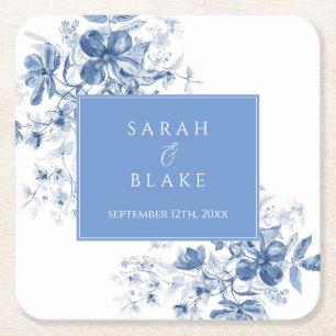 French Blue Toile Floral Wedding Square Paper Coaster