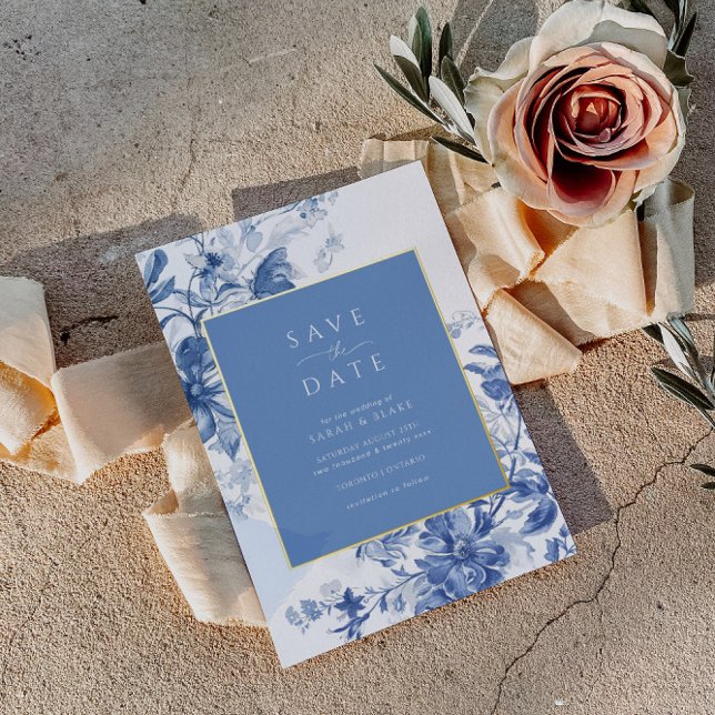 French Blue Toile Foil Wedding Save the Date (Creator Uploaded)
