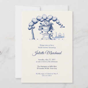 French Blue Toile Garden Urn Bridal Shower Invitation