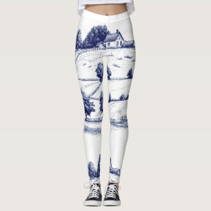 French Blue Toile Vintage Pastoral Architecture Leggings