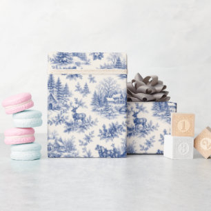 French Blue Toile Winter Village Christmas Wrapping Paper
