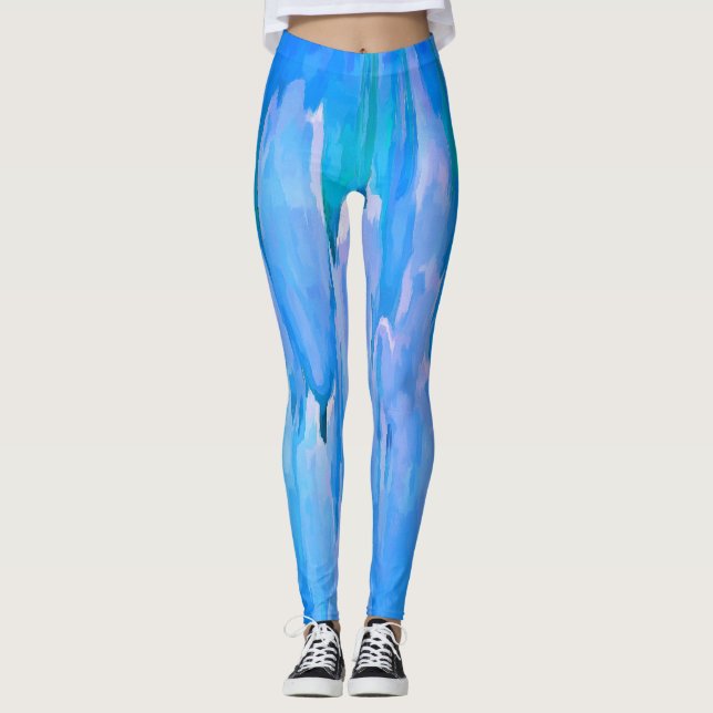 French Blue Tulips Abstract Floral Pattern Leggings (Front)