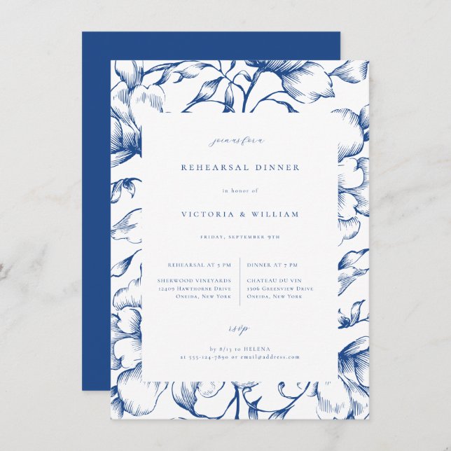 French Blue Vintage Floral Rehearsal Dinner Announcement (Front/Back)