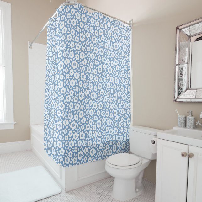 French Blue Vintage Flower Cascade Shower Curtain (In Situ)