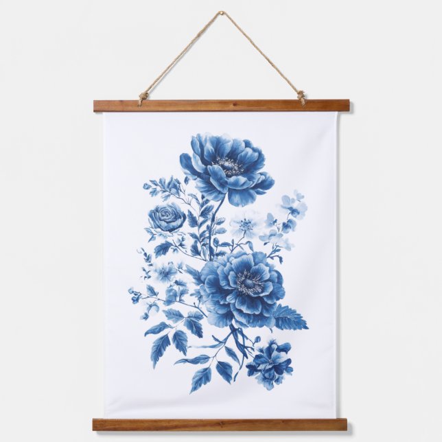 French Blue Watercolor Toile Chinoiserie Floral Hanging Tapestry (Front)