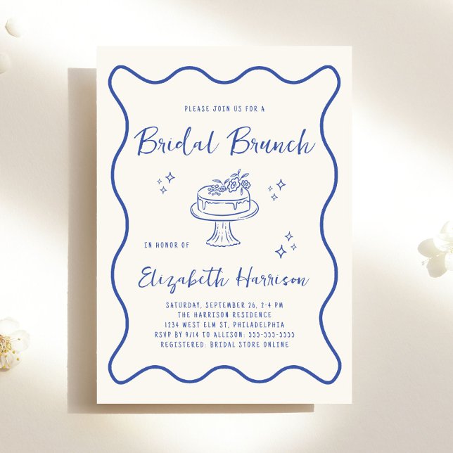 French Blue Wavy Frame Cream Bridal Brunch Shower Invitation (French Blue Wavy Frame Cream Bridal Brunch Shower Invitation)