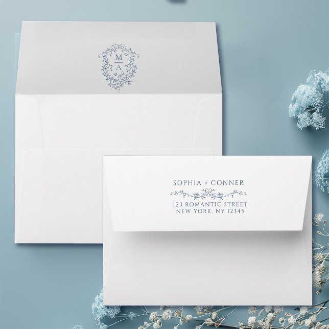 French Blue Wedding Pre-Printed Return Address 5x7 Envelope (Inside & Back)
