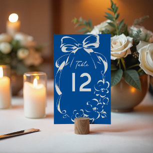 French Blue Whimsical Bow and Floral Frame Wedding Table Number