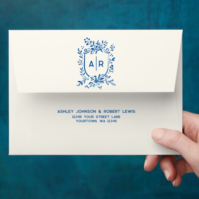 French Blue Whimsical Countryside Chateaux Wedding Envelope (Hand)