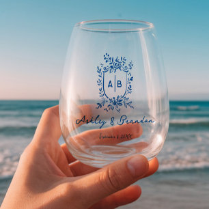 French Blue Whimsical Floral Monogram Crest Stemless Wine Glass