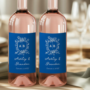 French Blue Whimsical Floral Monogram Crest  Wine Label