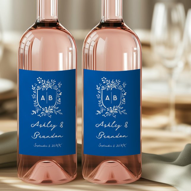 French Blue Whimsical Floral Monogram Crest  Wine Label (Creator Uploaded)