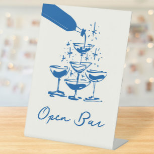 French Blue Whimsical Hand Drawn Open Bar Pedestal Sign