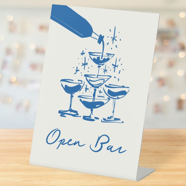 French Blue Whimsical Hand Drawn Open Bar  Pedestal Sign (Creator Uploaded)
