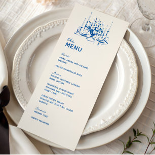 French Blue Whimsical Hand Drawn Wedding Dinner Menu