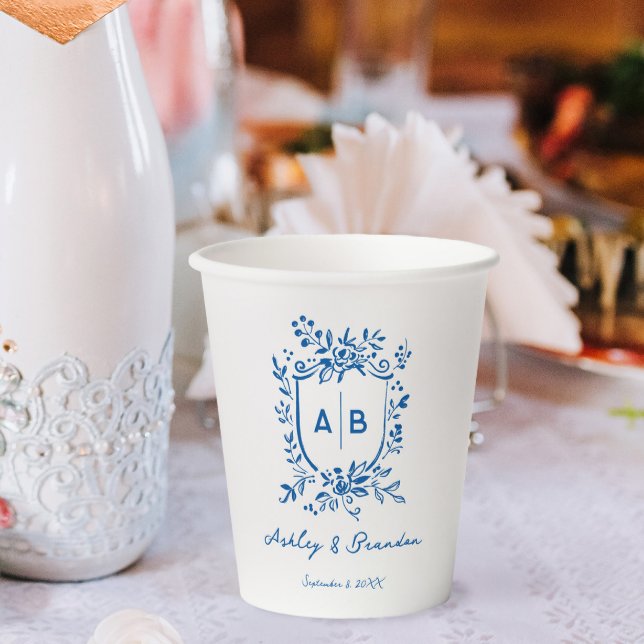 French Blue Whimsical Monogram Crest Wedding Paper Cups (Creator Uploaded)