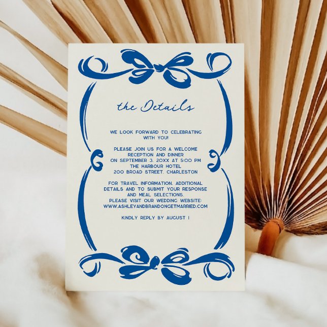 French Blue Whimsical Ribbon and Bow Wedding  Enclosure Card (Creator Uploaded)