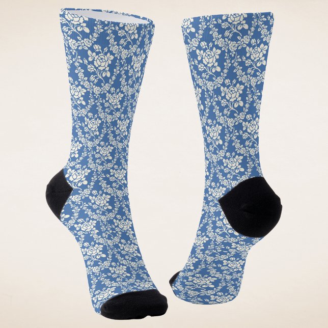 French Blue White Botanical Floral Socks (Creator Uploaded)