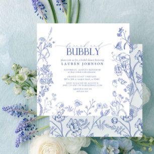 French Blue & White Floral Brunch & Bubbly Shower Invitation