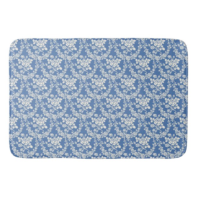 French Blue White Floral Pattern Botanical Chic Bath Mat (Front)