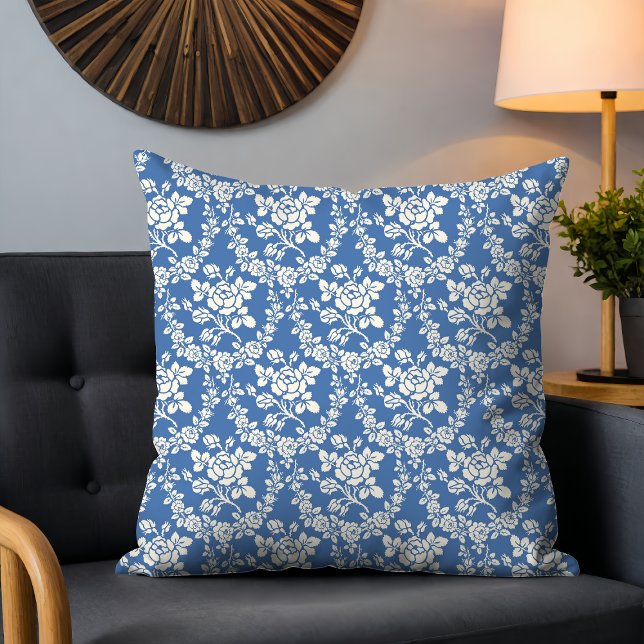 French Blue White Floral Pattern Botanical Chic Cushion (Creator Uploaded)