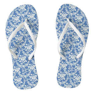 French Blue White Floral Pattern Botanical Chic Jandals