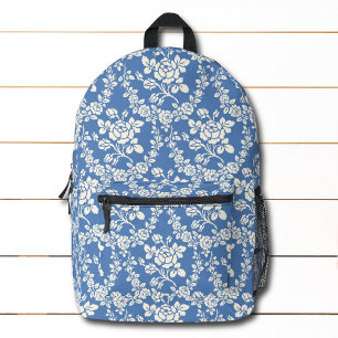 French Blue White Floral Pattern Botanical Chic Printed Backpack