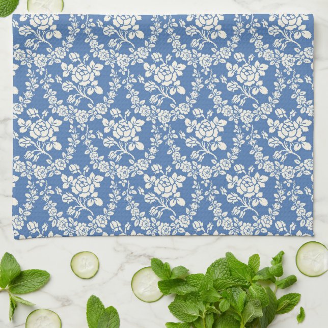 French Blue White Floral Pattern Botanical Chic Tea Towel (Folded)