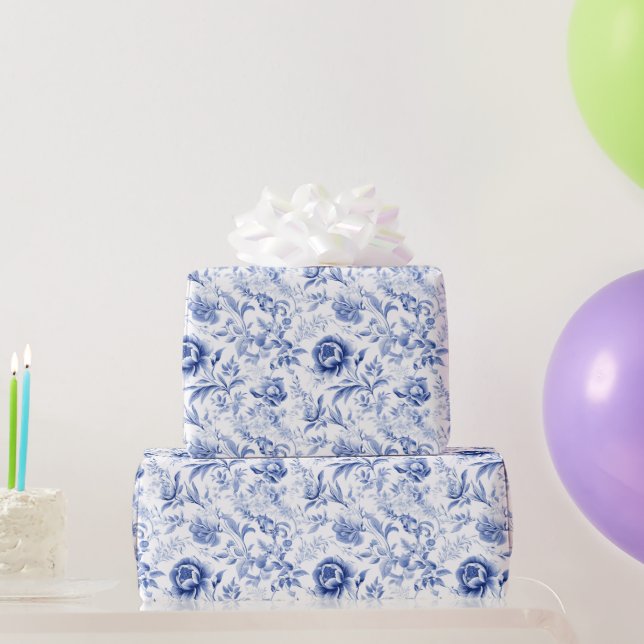 French Blue White Floral Toile Bridal Shower Gift Wrapping Paper (Party Gifts)