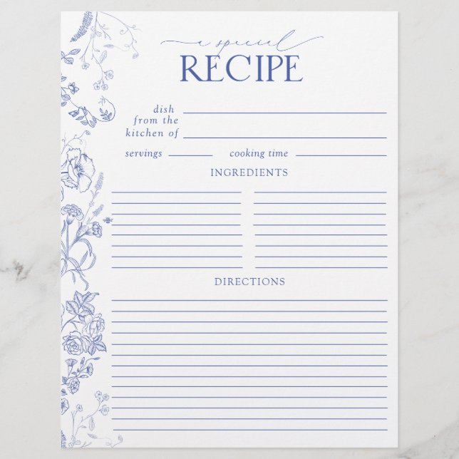 French Blue & White Shower Recipe Binder Page (Front)