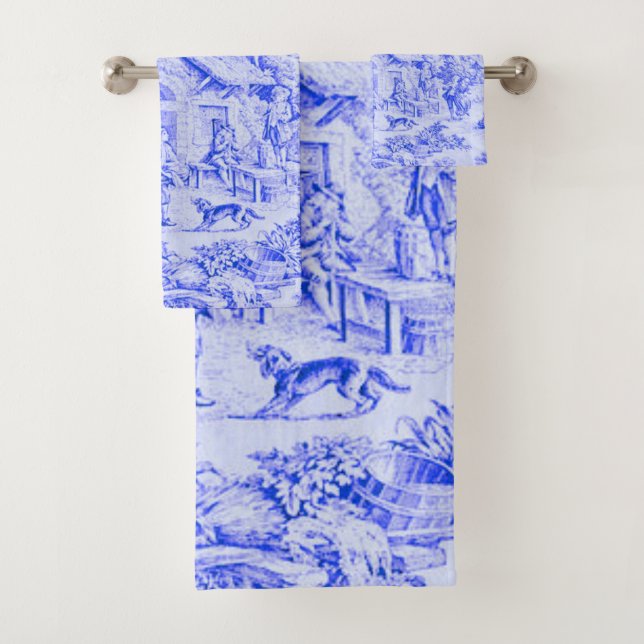 French Blue White Toile Chinoiserie Rustic Style  Bath Towel Set (Insitu)