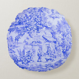 French Blue White Toile Chinoiserie Rustic Style Round Cushion